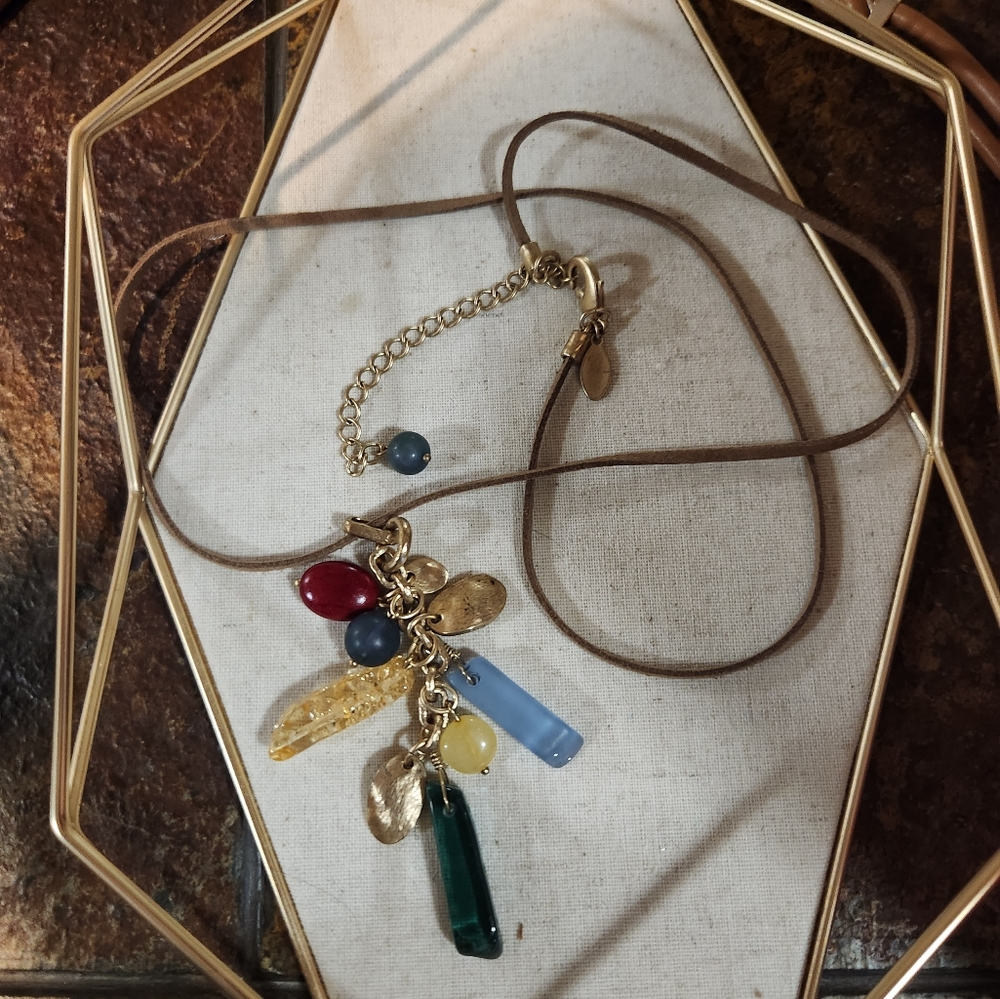 Chico’s Long Leather Necklace With Multi-Colored Glass, Stones & Metal Pendant